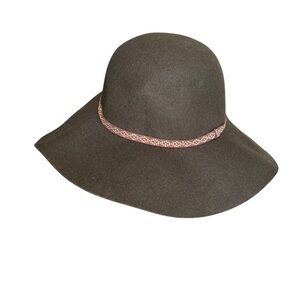 Elegant Brown Wool Olive Green Floppy Hat with Leather Band “Anthropologie vibe”